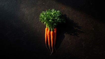 Carrots with leafy tops displayed on dark surface, highlighting fresh vegetable selection