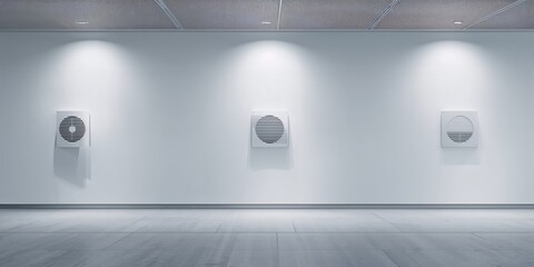 Interior of an airport wall featuring four white air vents and sound outlets for airflow regulation and acoustic management