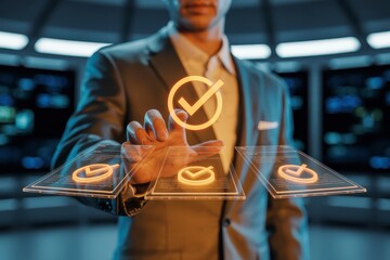 Businessman interacting with digital checkmark interface in modern office