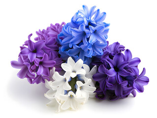A vibrant assortment of hyacinth flowers in purple, blue, and white colors, arranged beautifully on a clean white background