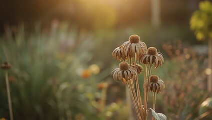 Seed harvesting from dried rudbeckia flower heads for plant propagation, gardening background
