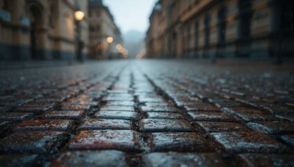 Wet cobblestones after rainfall with reflective puddles, pedestrian safety, urban infrastructure maintenance