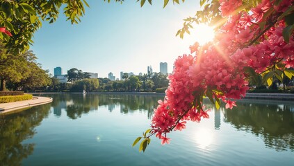Pink blossoms in Wachirabenchatat Park, Bangkok, Thailand, used as a colorful backdrop for editorial headers