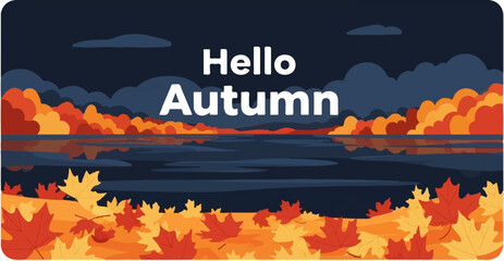 Peaceful autumn scene with colorful foliage reflected in calm water under a dark sky