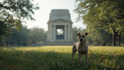 Scene with a stray dog beside a symbolic monument in Santa Clara, Cuba, highlighting urban history