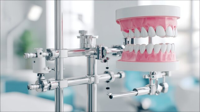 Medium shot of fully adjustable articulatormounted dental casts highlighting precise tooth alignment with outoffocus instruments creating a gentle backdrop.