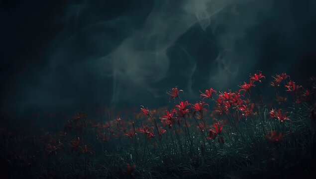 Red lycoris flowers in a shadowy environment, highlighting visual texture and color contrast, World Flower Day