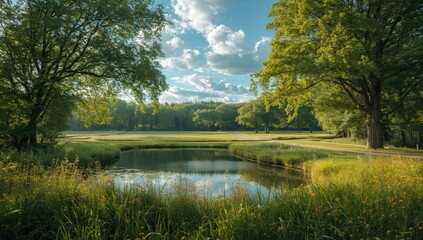 Nature scene featuring a pond surrounded by trees and grass during spring, highlighting landscape preservation