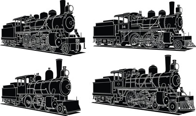Steam locomotive silhouette set, vintage train engine collection, black railway transport illustration, classic industrial steam train vector design isolated graphic © Hey There