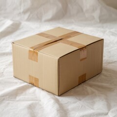 Light brown cardboard box sealed with tape on white crumpled fabric package shipping