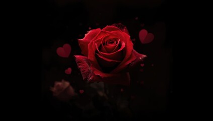 Red rose against a dark blurred heart-filled background, ideal for love-themed designs