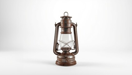 Antique hand-held carbide oil lamp displayed against a white surface, highlighting historical mining equipment