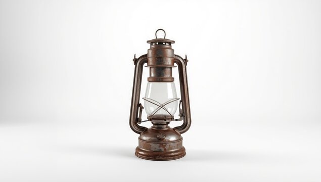 Antique hand-held carbide oil lamp displayed against a white surface, highlighting historical mining equipment