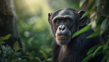 Chimpanzee portrait in Uganda, Africa, illustrating primate behavior