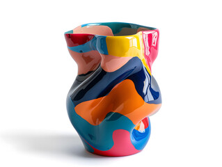 Abstract colorful ceramic vase with vibrant geometric patterns on white background