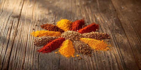 Spices arranged on a wooden surface for culinary preparation, flavor enhancement techniques