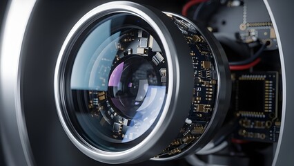 A deep look into the layers of a robotic eye lens, highlighting the complex internal hardware and high-tech metallic finish.