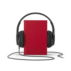 Red book with black headphones and audio cable on white listening