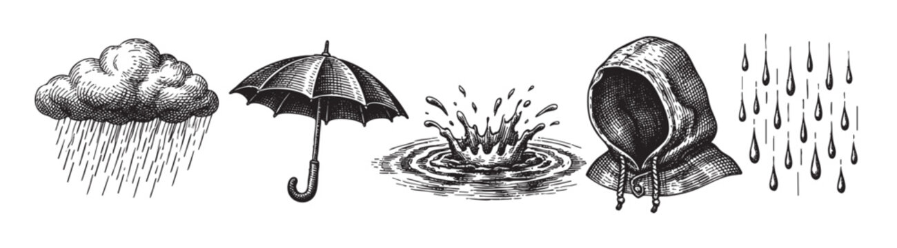 A classic black and white illustration featuring various rain-themed elements, including a stormy cloud, an open umbrella, a water splash, a hooded jacket, and falling raindrops.