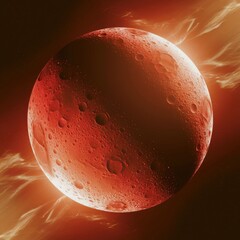 Red textured moon with glowing atmosphere and wispy clouds craters