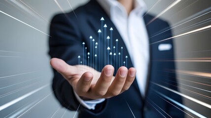 Future business growth and technological advancement represented by upward arrows in hand