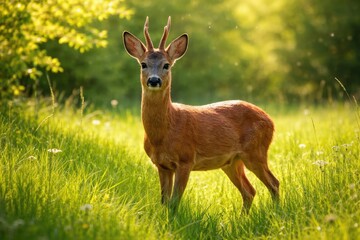 Roe deer in bright spring sunlight amid lush green grass