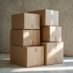 Stack of six cardboard moving boxes with tape cardboard boxes storage shipping