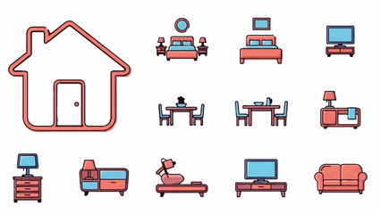 Set of icons depicting home elements house outline, beds, dining sets, TVs, cabinets, lamps, nightstands, and sofa