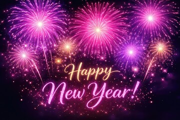 Colorful fireworks display with pink and purple bursts lighting a dark sky for a festive New Year celebration banner