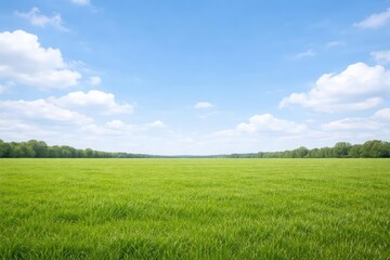 Obraz premium Open green lawn beneath a soft cloudy blue sky with copy space included