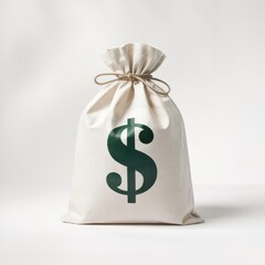A beige canvas money bag with a large green dollar sign symbol currency finance wealth