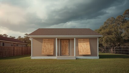 Obraz premium Window coverings made of plywood for storm defense, highlighting emergency preparedness measures