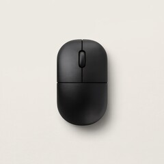 Black computer mouse with scroll wheel on a light textured background black mouse