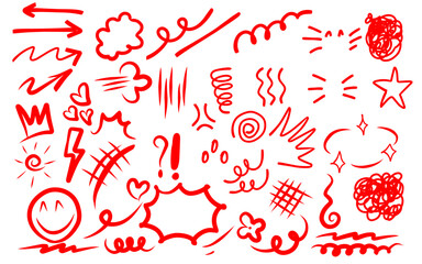 Set of Hand-Drawn Red Doodle Expression Signs Isolated on White Background Vector Illustration