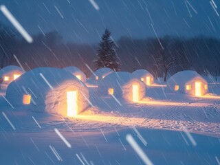 Snowy igloo village night winter lighting