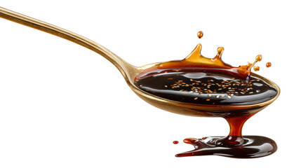 Soy sauce with sesame seeds in golden spoon, isolated on a transparent background