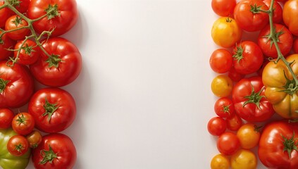 Fresh tomatoes laid out on a white surface, suitable for food photography or menu layout