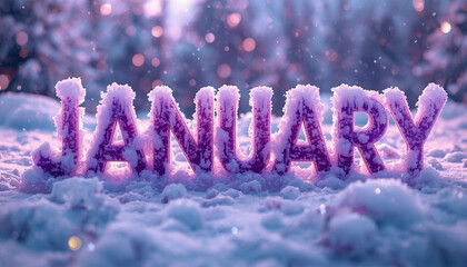 A frosty January scene with snow-covered letters and a serene winter background