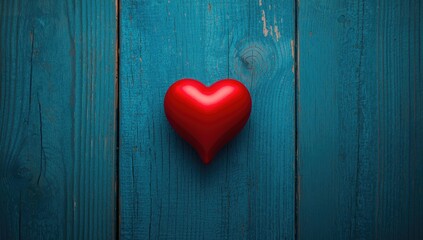 Red heart resting on a weathered blue wood, suitable for love-related design or messaging
