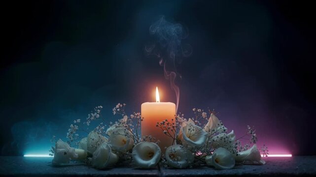 Burning candle surrounded by white flowers and subtle smoke, providing memorial light in darkness.