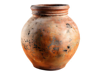Ancient clay pot with textured surface and weathered appearance on a white background