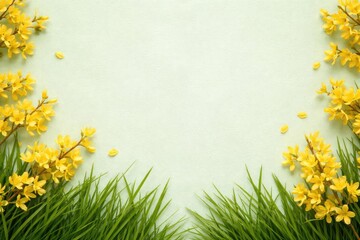 Minimalist flat lay showing yellow blossoms and lush green grass on light green textured surface with copy space
