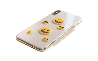 Playful smartphone emoji character with shiny glass surface representing apps, messaging, and mobile use isolated on transparent background PNG