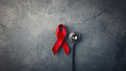 HIV awareness symbol with stethoscope on concrete, highlighting health campaign for World AIDS Day