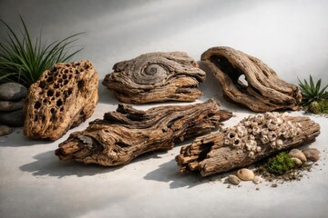 Obraz premium Array of driftwood with unique surface patterns set against a white background complemented by plants
