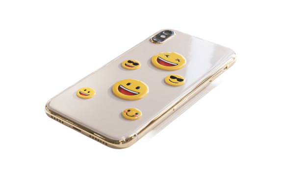 Playful smartphone emoji character with shiny glass surface representing apps, messaging, and mobile use isolated on transparent background PNG - Powered by Adobe