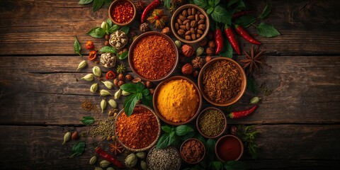 Assorted spices and herbs laid out on a wooden surface serving as a backdrop for cooking ingredients
