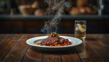 Barbecue grill with a beef dish on a wooden serving platter, highlighting culinary craftsmanship and meat selection