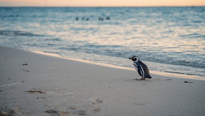 Fairy penguin resting on sandy beach during evening hours, highlighting wildlife sanctuary