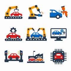 Automated car manufacturing process icons: assembly, robotics, painting, testing, factory, technology